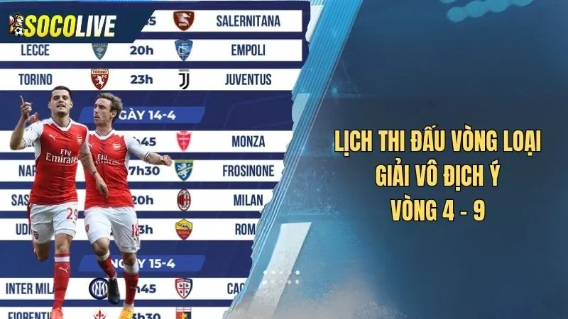 lịch thi đấu giải vô địch ý vòng loại 4 đến 9